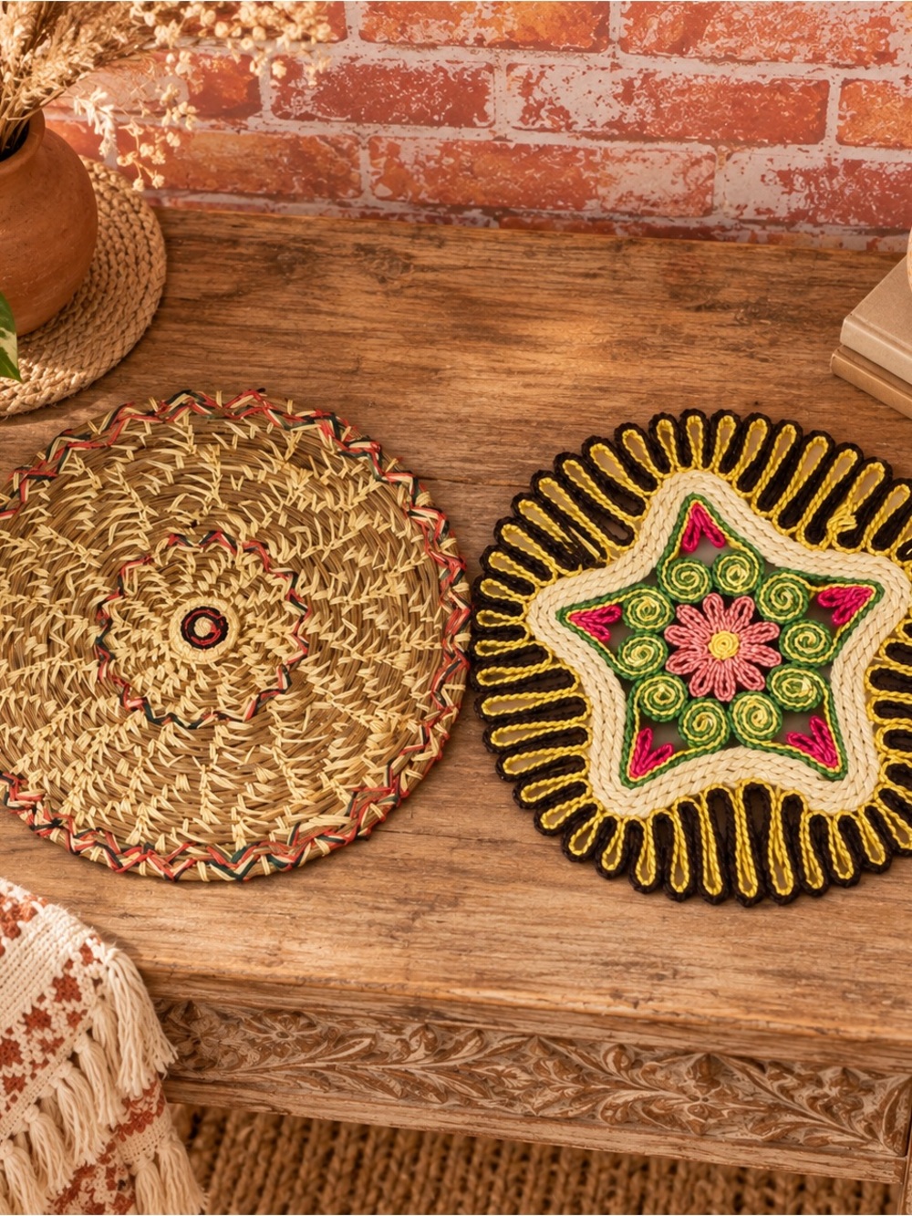 Vintage 70s Boho Jute and Raffia Colorful Woven Trivets